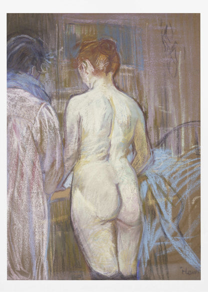 A pastel artwork by Henri de Toulouse-Lautrec, 'Rousse (La Toilette)', depicting a nude woman with red hair from the back. Beside her stands a clothed figure. The scene is rendered in soft, blended strokes of brown, beige, pink, and blue, creating an intimate, impressionistic atmosphere. Wall Art