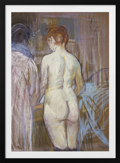 A pastel artwork by Henri de Toulouse-Lautrec, 'Rousse (La Toilette)', depicting a nude woman with red hair from the back. Beside her stands a clothed figure. The scene is rendered in soft, blended strokes of brown, beige, pink, and blue, creating an intimate, impressionistic atmosphere. Wall Art