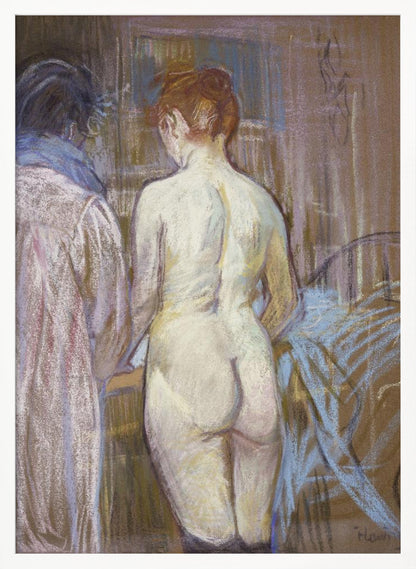 A pastel artwork by Henri de Toulouse-Lautrec, 'Rousse (La Toilette)', depicting a nude woman with red hair from the back. Beside her stands a clothed figure. The scene is rendered in soft, blended strokes of brown, beige, pink, and blue, creating an intimate, impressionistic atmosphere. Wall Art