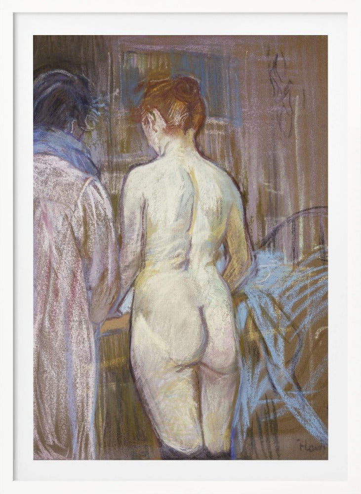 A pastel artwork by Henri de Toulouse-Lautrec, 'Rousse (La Toilette)', depicting a nude woman with red hair from the back. Beside her stands a clothed figure. The scene is rendered in soft, blended strokes of brown, beige, pink, and blue, creating an intimate, impressionistic atmosphere. Wall Art