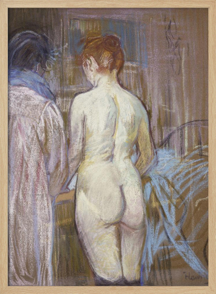 A pastel artwork by Henri de Toulouse-Lautrec, 'Rousse (La Toilette)', depicting a nude woman with red hair from the back. Beside her stands a clothed figure. The scene is rendered in soft, blended strokes of brown, beige, pink, and blue, creating an intimate, impressionistic atmosphere. Wall Art