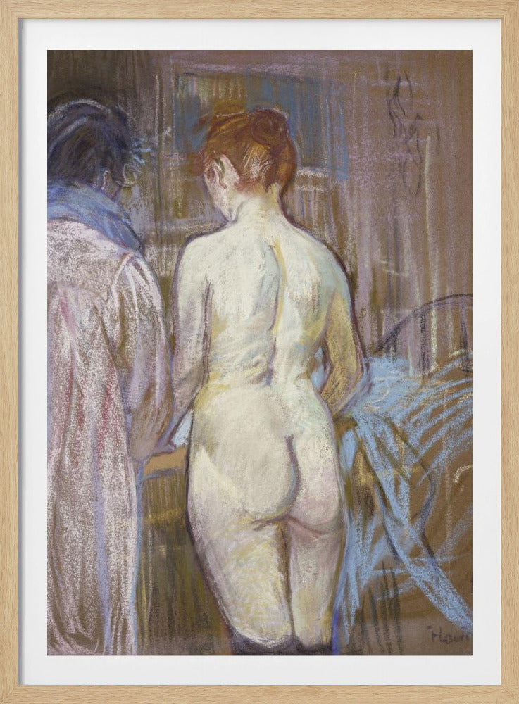 A pastel artwork by Henri de Toulouse-Lautrec, 'Rousse (La Toilette)', depicting a nude woman with red hair from the back. Beside her stands a clothed figure. The scene is rendered in soft, blended strokes of brown, beige, pink, and blue, creating an intimate, impressionistic atmosphere. Wall Art
