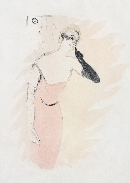A vintage lithograph by Henri de Toulouse-Lautrec featuring a woman with blonde hair in a pink dress. She wears a long black glove on one arm, holding it up to her chin. The style is loose and sketchy with black outlines against a pale beige and off-white background. Wall Art