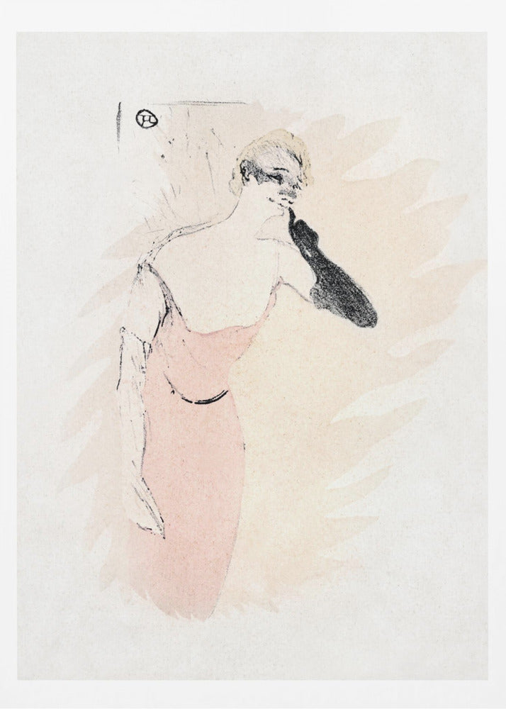 A vintage lithograph by Henri de Toulouse-Lautrec featuring a woman with blonde hair in a pink dress. She wears a long black glove on one arm, holding it up to her chin. The style is loose and sketchy with black outlines against a pale beige and off-white background. Wall Art