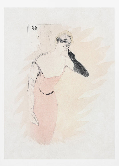 A vintage lithograph by Henri de Toulouse-Lautrec featuring a woman with blonde hair in a pink dress. She wears a long black glove on one arm, holding it up to her chin. The style is loose and sketchy with black outlines against a pale beige and off-white background. Wall Art