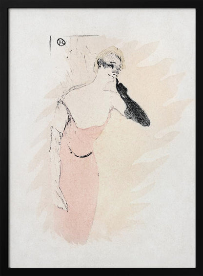 A vintage lithograph by Henri de Toulouse-Lautrec featuring a woman with blonde hair in a pink dress. She wears a long black glove on one arm, holding it up to her chin. The style is loose and sketchy with black outlines against a pale beige and off-white background. Wall Art