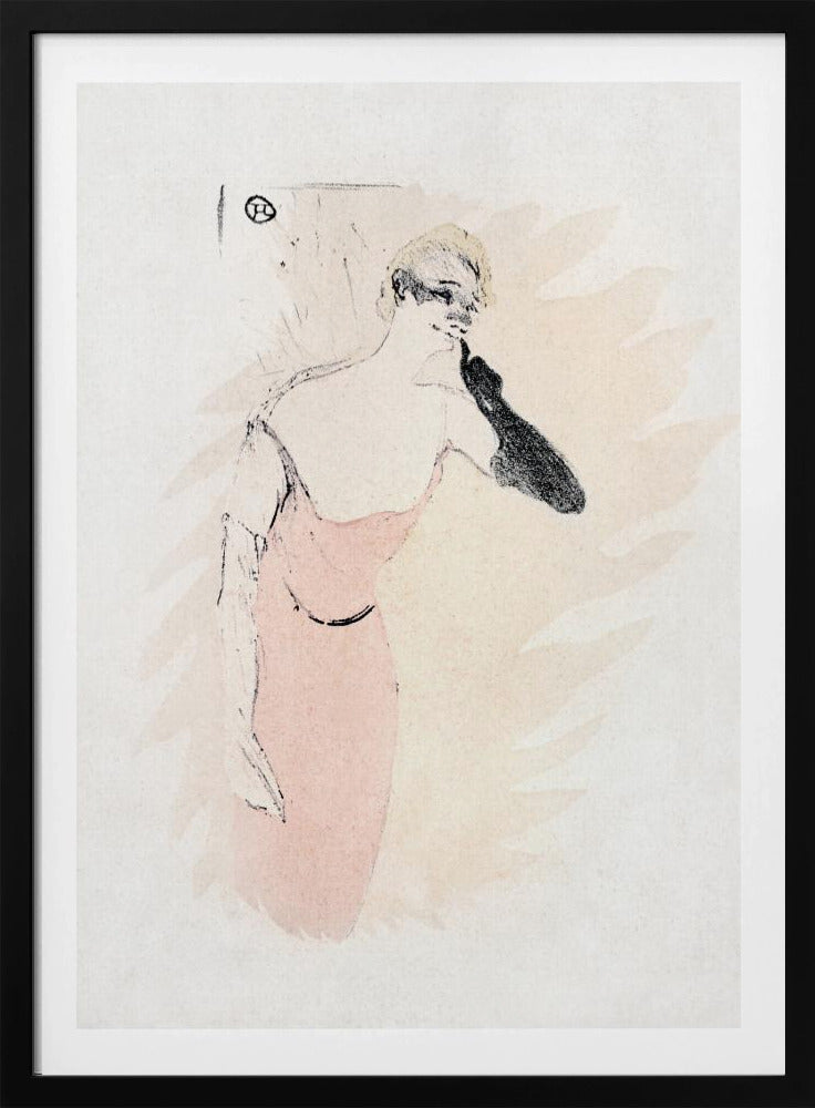 A vintage lithograph by Henri de Toulouse-Lautrec featuring a woman with blonde hair in a pink dress. She wears a long black glove on one arm, holding it up to her chin. The style is loose and sketchy with black outlines against a pale beige and off-white background. Wall Art