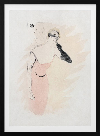 A vintage lithograph by Henri de Toulouse-Lautrec featuring a woman with blonde hair in a pink dress. She wears a long black glove on one arm, holding it up to her chin. The style is loose and sketchy with black outlines against a pale beige and off-white background. Wall Art