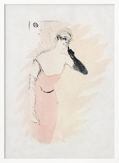 A vintage lithograph by Henri de Toulouse-Lautrec featuring a woman with blonde hair in a pink dress. She wears a long black glove on one arm, holding it up to her chin. The style is loose and sketchy with black outlines against a pale beige and off-white background. Wall Art