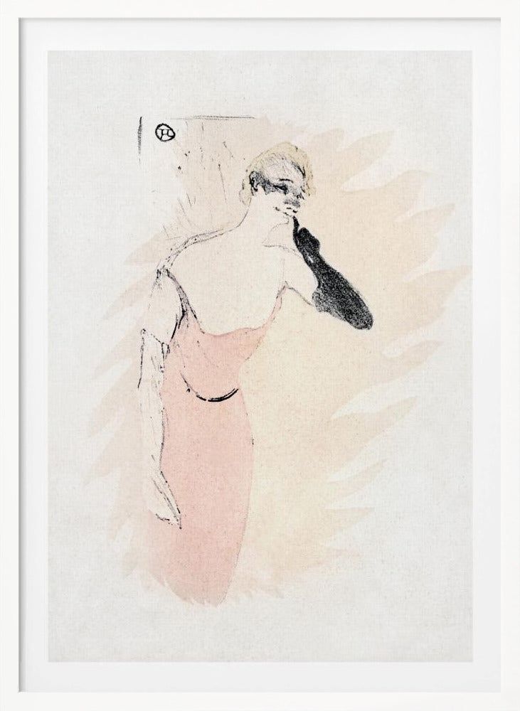 A vintage lithograph by Henri de Toulouse-Lautrec featuring a woman with blonde hair in a pink dress. She wears a long black glove on one arm, holding it up to her chin. The style is loose and sketchy with black outlines against a pale beige and off-white background. Wall Art