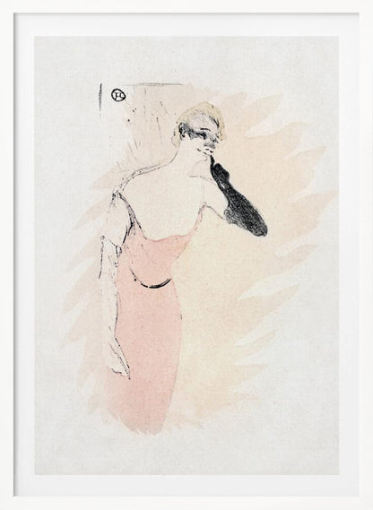 A vintage lithograph by Henri de Toulouse-Lautrec featuring a woman with blonde hair in a pink dress. She wears a long black glove on one arm, holding it up to her chin. The style is loose and sketchy with black outlines against a pale beige and off-white background. Wall Art