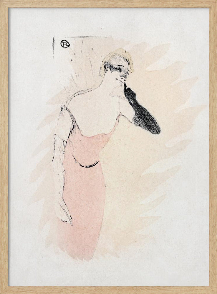 A vintage lithograph by Henri de Toulouse-Lautrec featuring a woman with blonde hair in a pink dress. She wears a long black glove on one arm, holding it up to her chin. The style is loose and sketchy with black outlines against a pale beige and off-white background. Wall Art