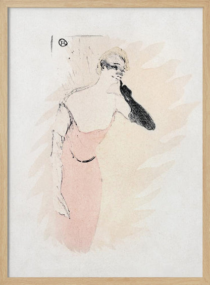 A vintage lithograph by Henri de Toulouse-Lautrec featuring a woman with blonde hair in a pink dress. She wears a long black glove on one arm, holding it up to her chin. The style is loose and sketchy with black outlines against a pale beige and off-white background. Wall Art