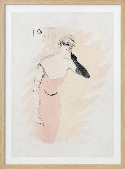 A vintage lithograph by Henri de Toulouse-Lautrec featuring a woman with blonde hair in a pink dress. She wears a long black glove on one arm, holding it up to her chin. The style is loose and sketchy with black outlines against a pale beige and off-white background. Wall Art