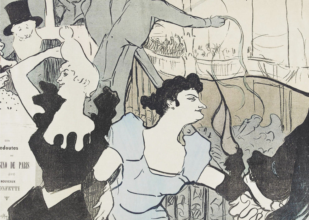 A framed Art Nouveau print by Henri de Toulouse-Lautrec depicting a bustling scene at the Casino de Paris. The lithograph features stylized figures, including a woman in a light blue dress and another in black, with a smiling man in a top hat in the background, all rendered with bold black lines and a limited color palette. Artwork