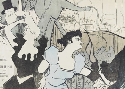 A framed Art Nouveau print by Henri de Toulouse-Lautrec depicting a bustling scene at the Casino de Paris. The lithograph features stylized figures, including a woman in a light blue dress and another in black, with a smiling man in a top hat in the background, all rendered with bold black lines and a limited color palette. Artwork