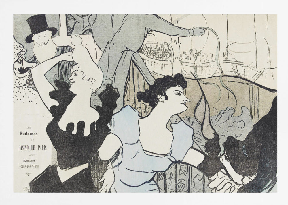A framed Art Nouveau print by Henri de Toulouse-Lautrec depicting a bustling scene at the Casino de Paris. The lithograph features stylized figures, including a woman in a light blue dress and another in black, with a smiling man in a top hat in the background, all rendered with bold black lines and a limited color palette. Artwork