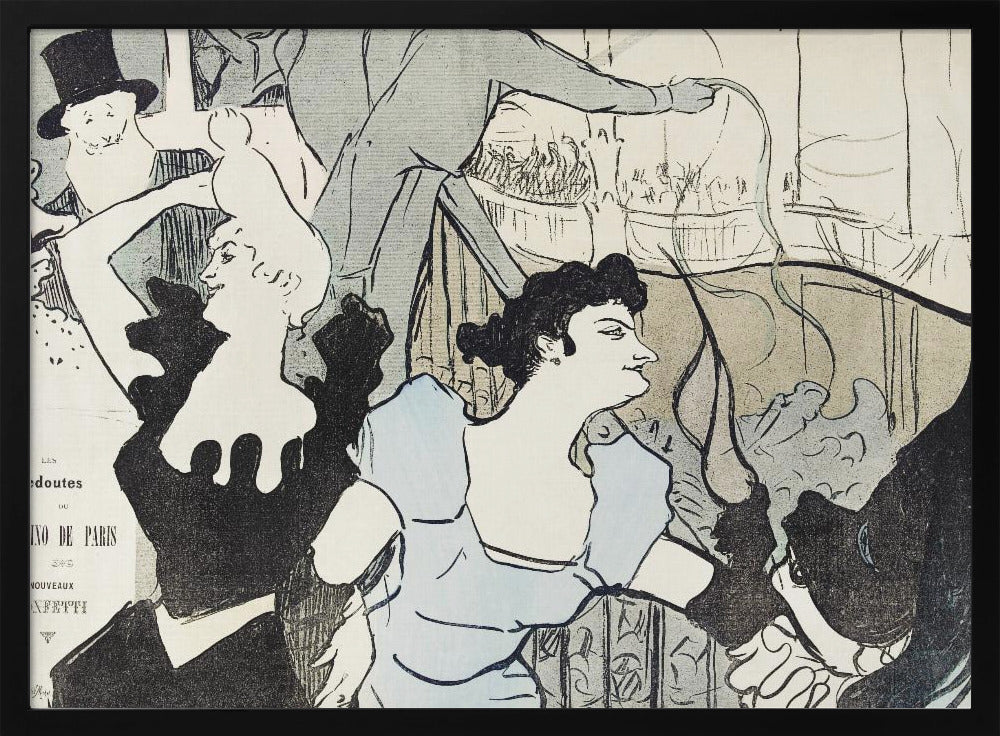 A framed Art Nouveau print by Henri de Toulouse-Lautrec depicting a bustling scene at the Casino de Paris. The lithograph features stylized figures, including a woman in a light blue dress and another in black, with a smiling man in a top hat in the background, all rendered with bold black lines and a limited color palette. Artwork