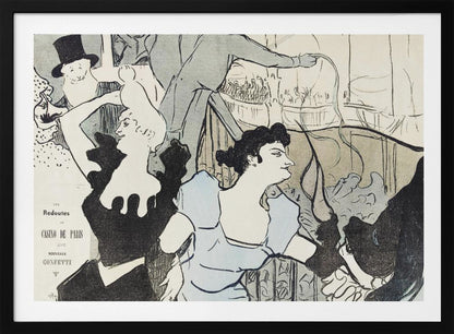 A framed Art Nouveau print by Henri de Toulouse-Lautrec depicting a bustling scene at the Casino de Paris. The lithograph features stylized figures, including a woman in a light blue dress and another in black, with a smiling man in a top hat in the background, all rendered with bold black lines and a limited color palette. Artwork