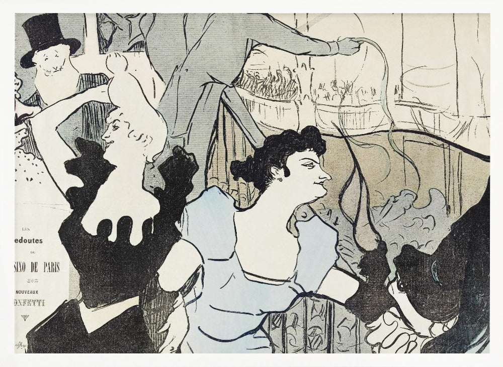 A framed Art Nouveau print by Henri de Toulouse-Lautrec depicting a bustling scene at the Casino de Paris. The lithograph features stylized figures, including a woman in a light blue dress and another in black, with a smiling man in a top hat in the background, all rendered with bold black lines and a limited color palette. Artwork