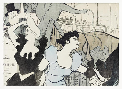 A framed Art Nouveau print by Henri de Toulouse-Lautrec depicting a bustling scene at the Casino de Paris. The lithograph features stylized figures, including a woman in a light blue dress and another in black, with a smiling man in a top hat in the background, all rendered with bold black lines and a limited color palette. Artwork