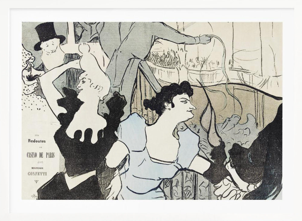 A framed Art Nouveau print by Henri de Toulouse-Lautrec depicting a bustling scene at the Casino de Paris. The lithograph features stylized figures, including a woman in a light blue dress and another in black, with a smiling man in a top hat in the background, all rendered with bold black lines and a limited color palette. Artwork