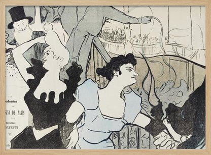 A framed Art Nouveau print by Henri de Toulouse-Lautrec depicting a bustling scene at the Casino de Paris. The lithograph features stylized figures, including a woman in a light blue dress and another in black, with a smiling man in a top hat in the background, all rendered with bold black lines and a limited color palette. Artwork