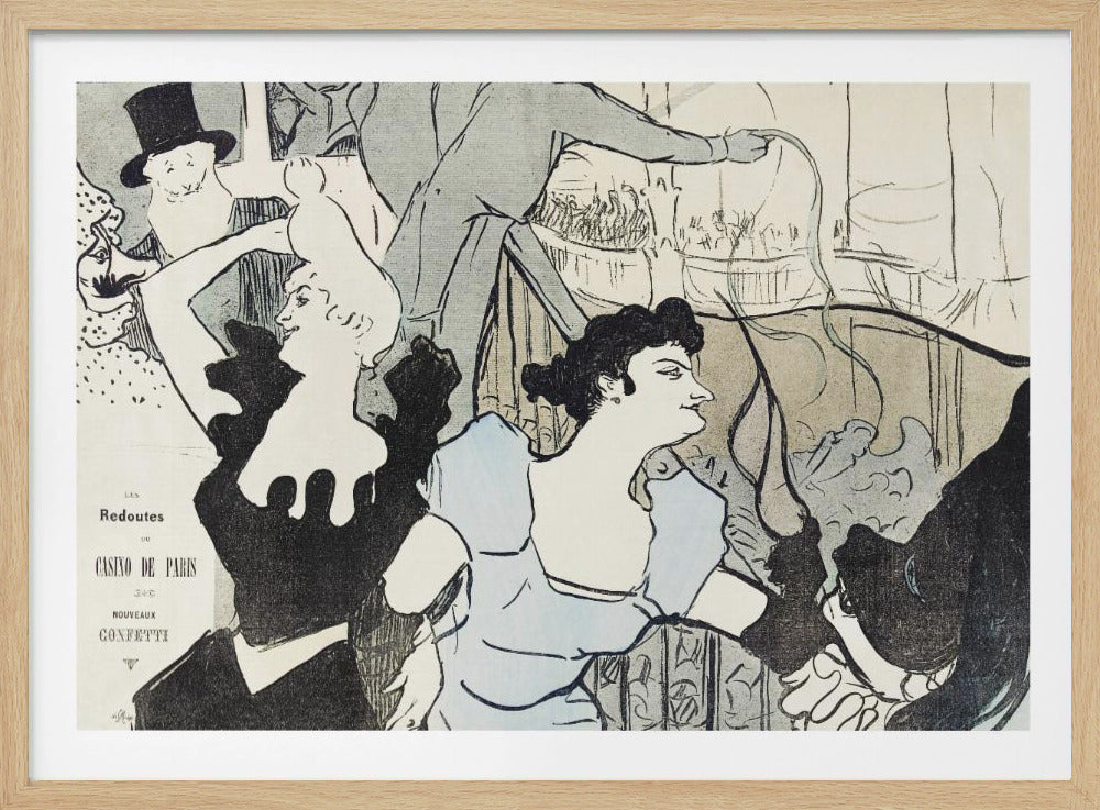 A framed Art Nouveau print by Henri de Toulouse-Lautrec depicting a bustling scene at the Casino de Paris. The lithograph features stylized figures, including a woman in a light blue dress and another in black, with a smiling man in a top hat in the background, all rendered with bold black lines and a limited color palette. Artwork