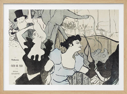 A framed Art Nouveau print by Henri de Toulouse-Lautrec depicting a bustling scene at the Casino de Paris. The lithograph features stylized figures, including a woman in a light blue dress and another in black, with a smiling man in a top hat in the background, all rendered with bold black lines and a limited color palette. Artwork