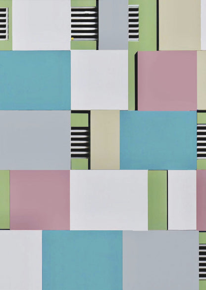 An abstract geometric artwork featuring a collage of rectangular blocks in pastel shades of blue, pink, grey, green, and white, with sections of black and white horizontal stripes, all enclosed in a thin black frame. Decor