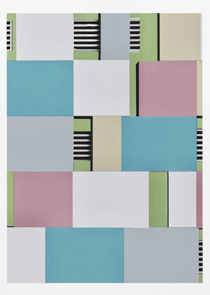 An abstract geometric artwork featuring a collage of rectangular blocks in pastel shades of blue, pink, grey, green, and white, with sections of black and white horizontal stripes, all enclosed in a thin black frame. Decor