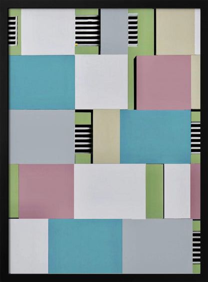 An abstract geometric artwork featuring a collage of rectangular blocks in pastel shades of blue, pink, grey, green, and white, with sections of black and white horizontal stripes, all enclosed in a thin black frame. Decor