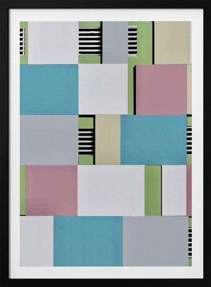 An abstract geometric artwork featuring a collage of rectangular blocks in pastel shades of blue, pink, grey, green, and white, with sections of black and white horizontal stripes, all enclosed in a thin black frame. Decor