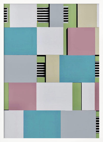 An abstract geometric artwork featuring a collage of rectangular blocks in pastel shades of blue, pink, grey, green, and white, with sections of black and white horizontal stripes, all enclosed in a thin black frame. Decor