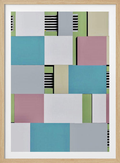 An abstract geometric artwork featuring a collage of rectangular blocks in pastel shades of blue, pink, grey, green, and white, with sections of black and white horizontal stripes, all enclosed in a thin black frame. Decor