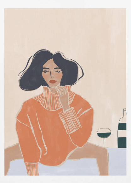 A stylized illustration of a woman with dark wavy hair and red lips, wearing an oversized orange turtleneck sweater. She sits at a light blue table, gazing forward with one hand near her chin. Beside her are a glass and a bottle of wine. The background is a solid cream color. Decor
