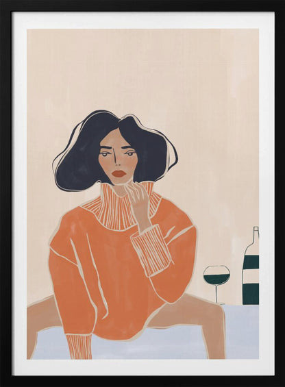 A stylized illustration of a woman with dark wavy hair and red lips, wearing an oversized orange turtleneck sweater. She sits at a light blue table, gazing forward with one hand near her chin. Beside her are a glass and a bottle of wine. The background is a solid cream color. Decor