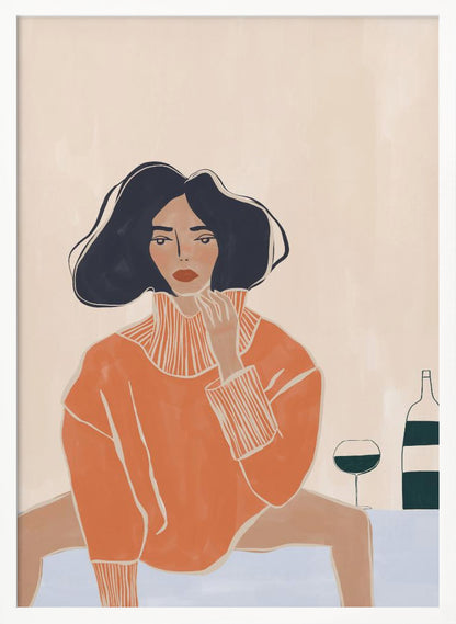 A stylized illustration of a woman with dark wavy hair and red lips, wearing an oversized orange turtleneck sweater. She sits at a light blue table, gazing forward with one hand near her chin. Beside her are a glass and a bottle of wine. The background is a solid cream color. Decor