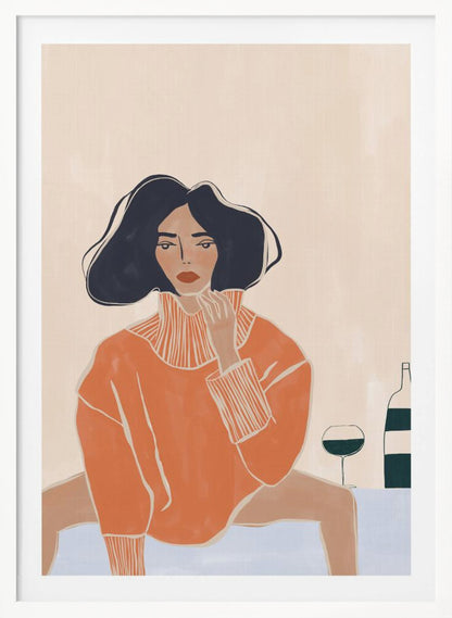 A stylized illustration of a woman with dark wavy hair and red lips, wearing an oversized orange turtleneck sweater. She sits at a light blue table, gazing forward with one hand near her chin. Beside her are a glass and a bottle of wine. The background is a solid cream color. Decor