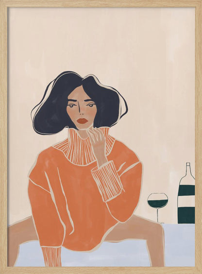 A stylized illustration of a woman with dark wavy hair and red lips, wearing an oversized orange turtleneck sweater. She sits at a light blue table, gazing forward with one hand near her chin. Beside her are a glass and a bottle of wine. The background is a solid cream color. Decor