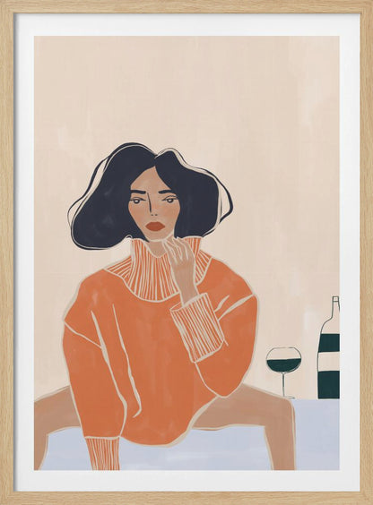 A stylized illustration of a woman with dark wavy hair and red lips, wearing an oversized orange turtleneck sweater. She sits at a light blue table, gazing forward with one hand near her chin. Beside her are a glass and a bottle of wine. The background is a solid cream color. Decor