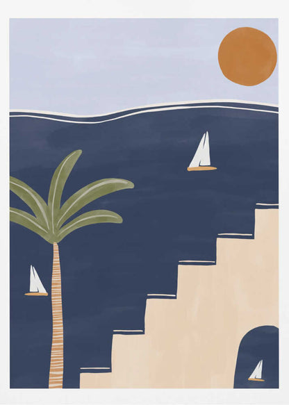 Abstract coastal art with sailboats on a dark blue sea, a palm tree, and beige stairs under a warm sun.