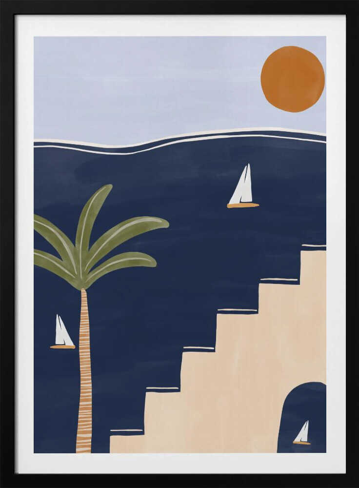 Abstract coastal art with sailboats on a dark blue sea, a palm tree, and beige stairs under a warm sun.