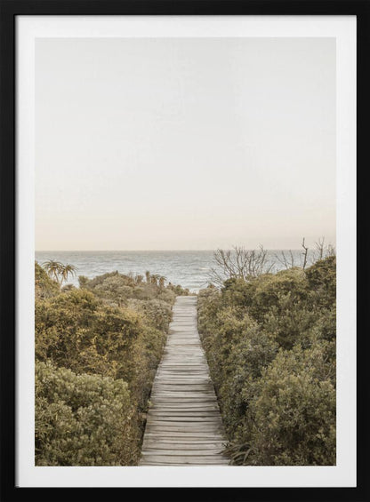 A vertical photograph of a weathered wooden boardwalk leading through dense coastal greenery towards the ocean under a pale, hazy sky, framed in black. Wall Art