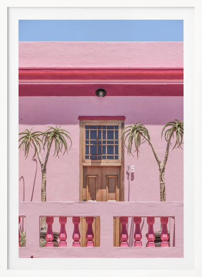 A brightly colored pink building stands under a clear blue sky, framed in black. A central wooden door with a paned window is flanked by two slender, palm-like trees. In the foreground, a pink balcony wall features fuchsia-colored balusters. Decor
