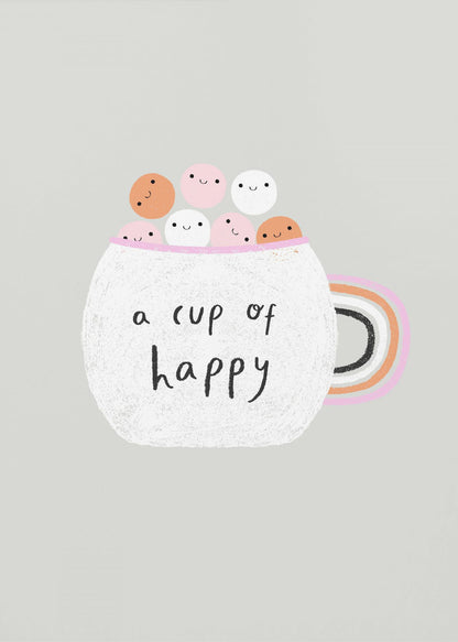 A cute art print of a white, textured mug on a light grey background. The mug is filled with smiling pink, white, and orange marshmallow-like characters. The phrase 'a cup of happy' is written on the front in a black handwritten font. The handle of the mug is decorated with rainbow stripes. Print