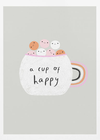 A cute art print of a white, textured mug on a light grey background. The mug is filled with smiling pink, white, and orange marshmallow-like characters. The phrase 'a cup of happy' is written on the front in a black handwritten font. The handle of the mug is decorated with rainbow stripes. Print