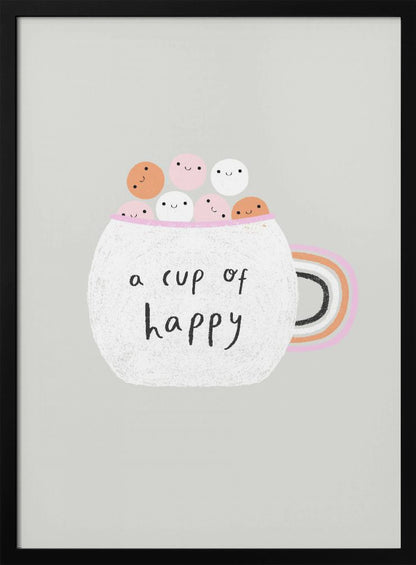 A cute art print of a white, textured mug on a light grey background. The mug is filled with smiling pink, white, and orange marshmallow-like characters. The phrase 'a cup of happy' is written on the front in a black handwritten font. The handle of the mug is decorated with rainbow stripes. Print