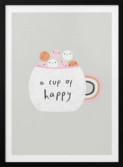 A cute art print of a white, textured mug on a light grey background. The mug is filled with smiling pink, white, and orange marshmallow-like characters. The phrase 'a cup of happy' is written on the front in a black handwritten font. The handle of the mug is decorated with rainbow stripes. Print