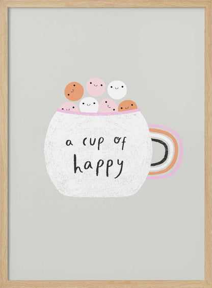 A cute art print of a white, textured mug on a light grey background. The mug is filled with smiling pink, white, and orange marshmallow-like characters. The phrase 'a cup of happy' is written on the front in a black handwritten font. The handle of the mug is decorated with rainbow stripes. Print